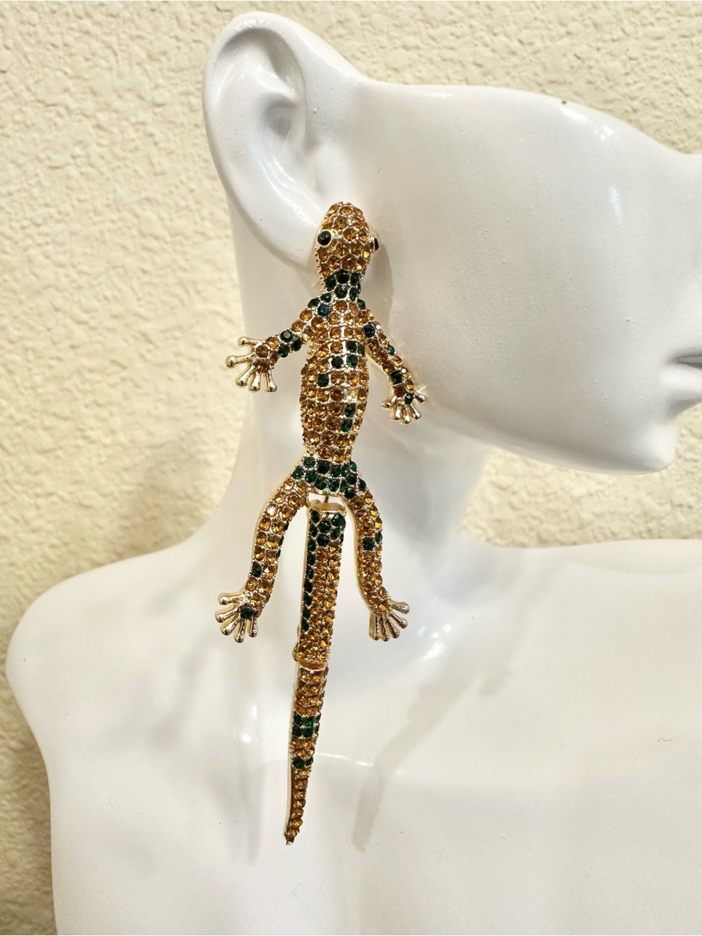 Gold Plated Green & Gold Rhinestones Lizard Earrings (High Quality)